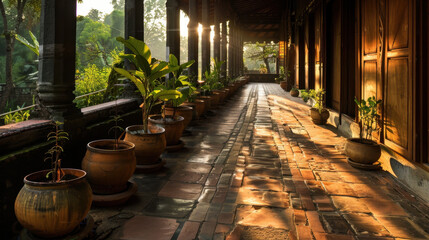 Serene walkway adorned with potted plants, bathed in warm sunlight, creates tranquil atmosphere. rustic tiles and wooden architecture enhance peaceful ambiance of this outdoor space