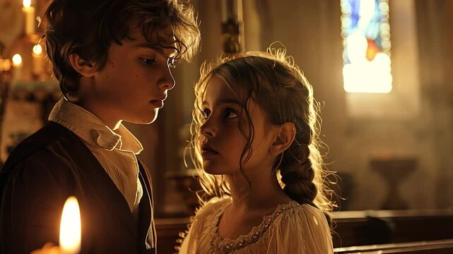 People at church service. Religious holiday. Church prayer. Children in church. - Powered by Adobe