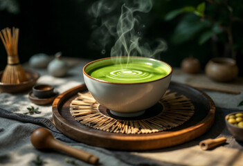 Matcha latte with heart-shaped foam art in sunlight