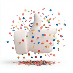 A cheerful thumbs-up gesture surrounded by colorful confetti for celebrations.