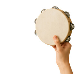 Fototapeta premium Hand Holding Wooden Tambourine with Metal Jingles