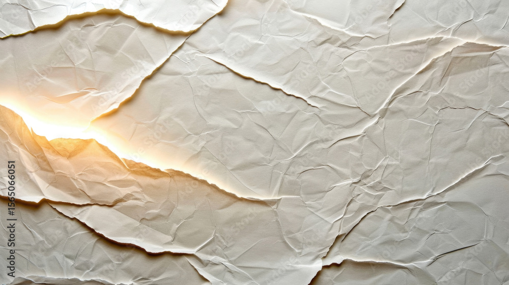 Poster crumpled paper texture with soft light illuminating creases, creating warm and inviting atmosphere. 
