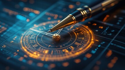 Golden antique clock face overlaid on digital data, with pen