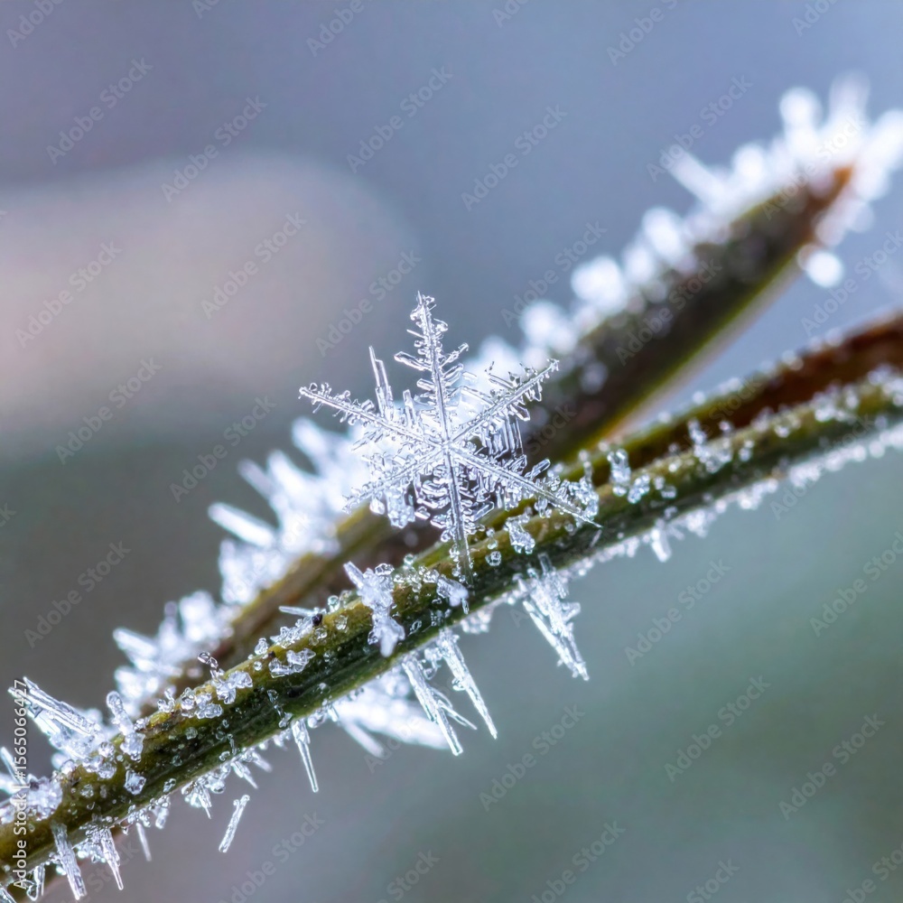 Poster closeup of a delicate snowflake on a frosty branch