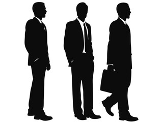 Silhouettes of businessmen in black with briefcase in hand, professional poses in corporate attire