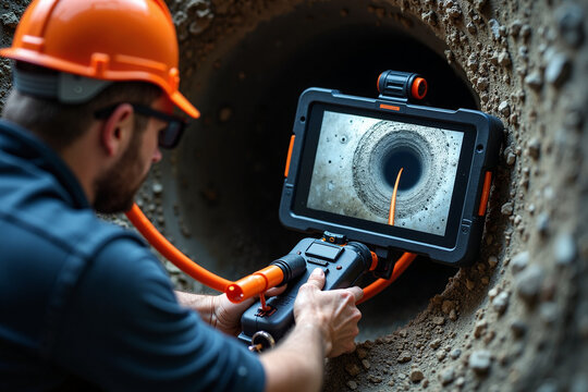 Worker using pipeline inspection camera in industrial setup, man performs sewer pipe inspection. Pipeline inspection includes examination of drainage system, ensuring safety and integrity,