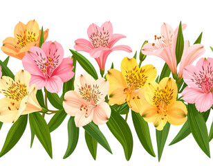 Seamless Border of Colorful Alstroemeria Flowers with Leaves, isolated on transparent background.