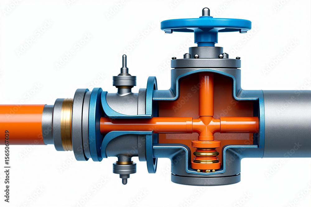 Poster section of pipeline with valve mechanisms and fittings reveals internal structure and mechanics. pip