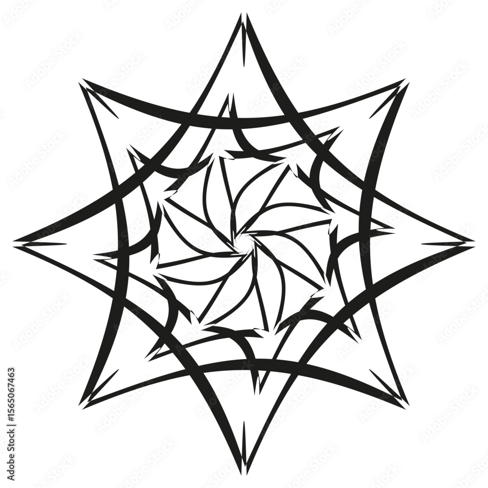 Poster geometric star icon. angular mandala pattern. interlaced spoke vector. thin outline form.
