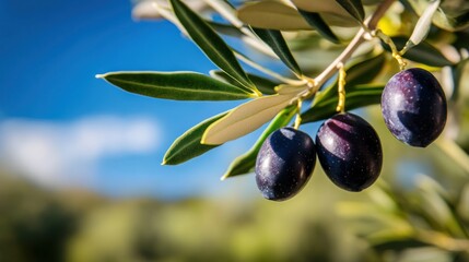 Close-up of Ripe Olives on Branch Against Blue Sky