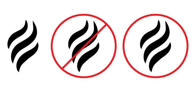 Anti bad smell icon. Odor control label. Forbidden flavors symbol. Strong flavors are not allowed. Deodorant sign. No perfume icon. Forbidden smoke. Vector illustration isolated on white background.