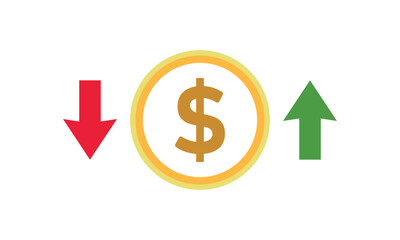 Revenue Trend Icon. Gold Dollar Coin with Green Upward Arrow and Red Downward Arrow, Financial Growth and Decline Symbol Vector