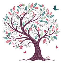 Obraz premium detailed illustration, highly detailed, intricate, ornate, decorative tree with swirling branches, lush foliage, vibrant colors, pink and teal leaves, delicate floral elements, butterflies and birds, 