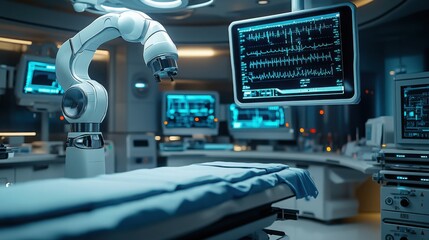 Robotic arm in a high-tech surgical room with monitoring equipment