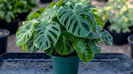 Monstera deliciosa plant in pot, lush green leaves, home decor