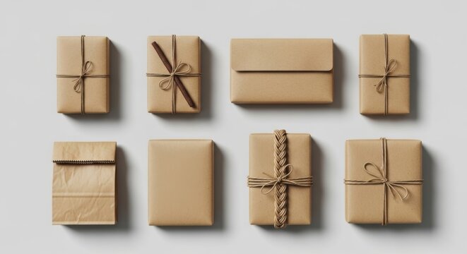 Arrangement of assorted wrapped gifts with string and plain wrapping paper