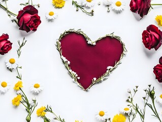 Red Heart with Roses and Daisies Romantic Floral Frame