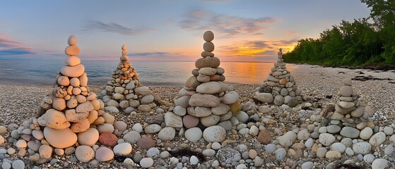 Serene Sunset Beach Stone Stacks Peaceful Ocean Rocks