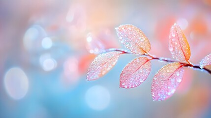 Dewdrops on Pink Autumn Leaves, Soft Bokeh Background