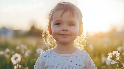 Adorable Toddler Girl in Flower Field Sunset