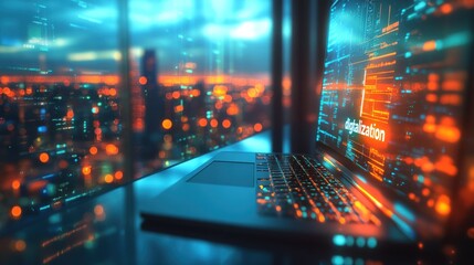 Laptop screen displaying digitalization overlay, city view