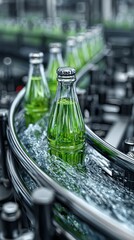 Green beverage bottles move along a conveyor belt in a modern bottling facility near a production line during daytime hours
