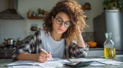 Focused young woman reviewing financial documents at her kitchen table with a calculator.