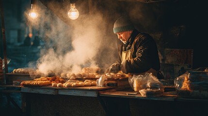 A street vendor at a food stall, preparing food amidst the steam and warm lighting.