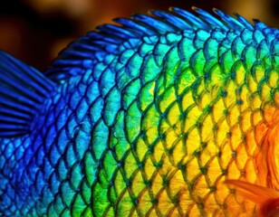 Obraz premium A macro image showing vivid geometric patterns on tropical fish scales.