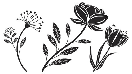 Elegant black silhouette floral designs with various flower types and leaves.