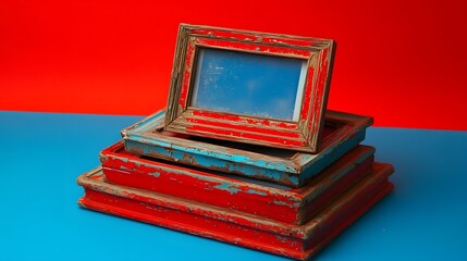 Stacked Vintage Red & Blue Wooden Frames