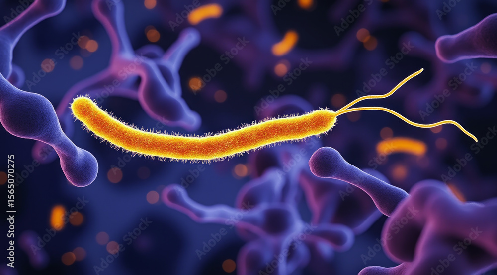 Poster helicobacter pylori concept ,microscopic view of h. pylori bacteria showcasing its unique structure 
