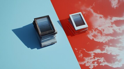 Stacks of Photos on Blue and Red Background