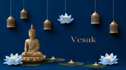 Decorative Buddha statue with lotus flowers for Vesak celebration, illustrative religious banner