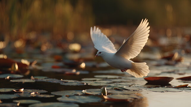 White bird flying over lily pads on water at sunset  