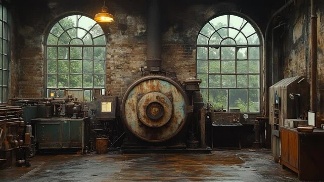 Antique industrial interior with brick walls and machinery