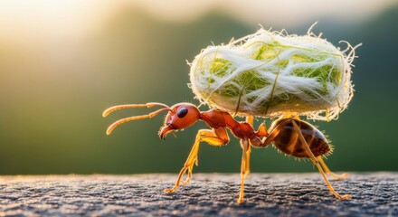 A tiny creature carrying a large bundle of plant fiber on its back outdoors