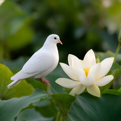 Obraz premium White dove perched beside blooming lotus flower in serene garden 
