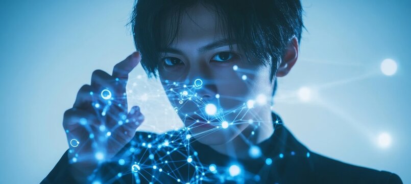 Businessman touching digital icons of technology and global network on blue background, data flow, a person holding a mobile phone with social media icons in hand