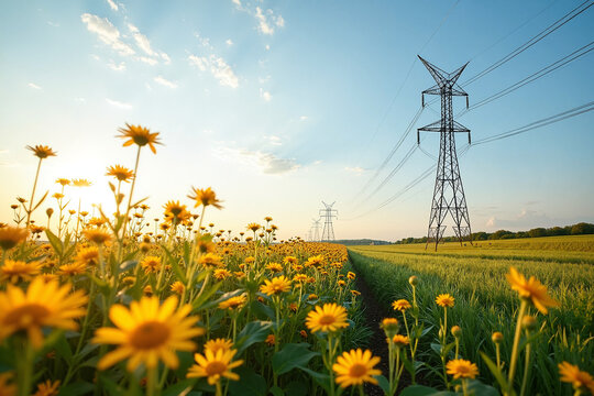Power lines stretch across field with vibrant yellow wildflowers, offering a striking contrast. Power lines symbolize modern energy transmission and coexist with nature's beauty in field, - Powered by Adobe
