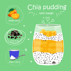 Chia seed pudding with mango. Healthy Superfood Recipe. Vegan healthy snack in glass. Vector illstration isolated on green background.