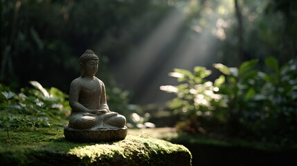 Serene Buddha statue sitting in lush greenery with sunlight streaming  