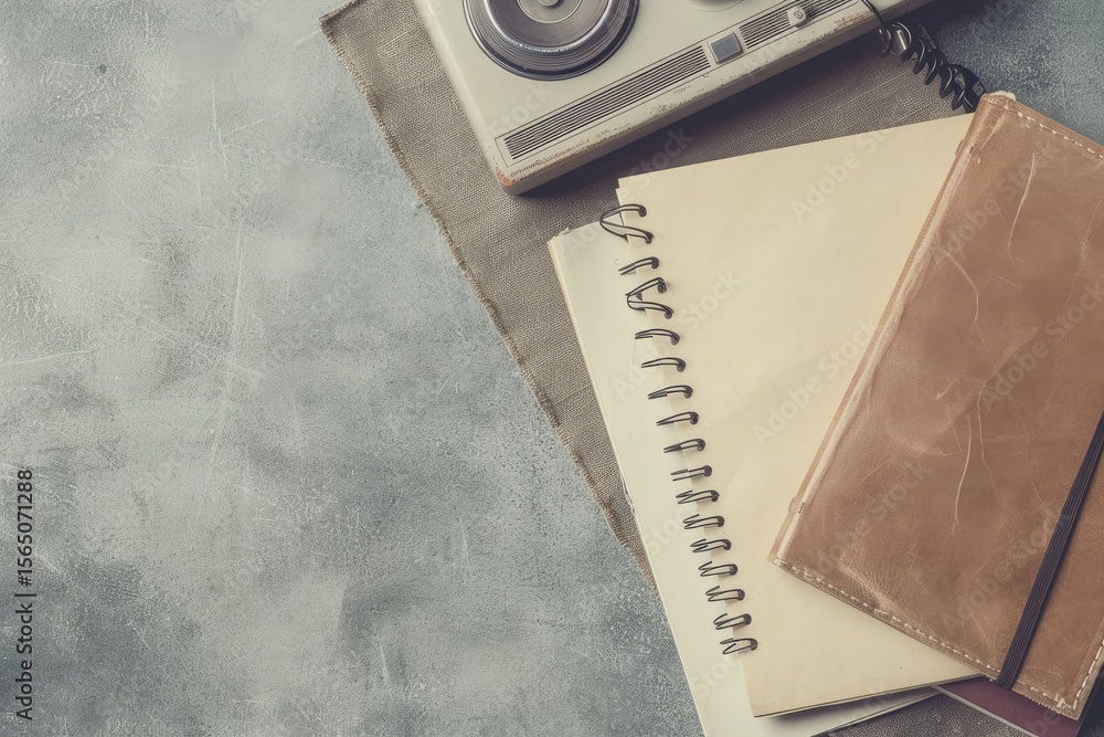 Poster detailed color image of notebook notepads and music player mockup