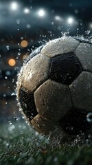 Fototapeta premium Soccer ball splashes water in action during an energetic match under stadium lights at dusk