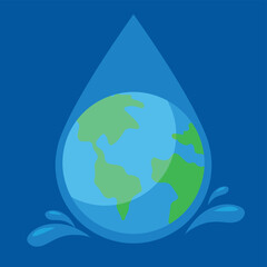 Save the planet concept. Earth in water drop. Flat design vector illustration.