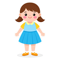 Cute girl in blue skirt and yellow shirt, smiling happily. This kawaii chibi style character radiates joy and innocence