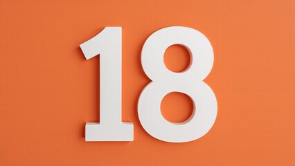 Elegant white number eighteen on vibrant orange background