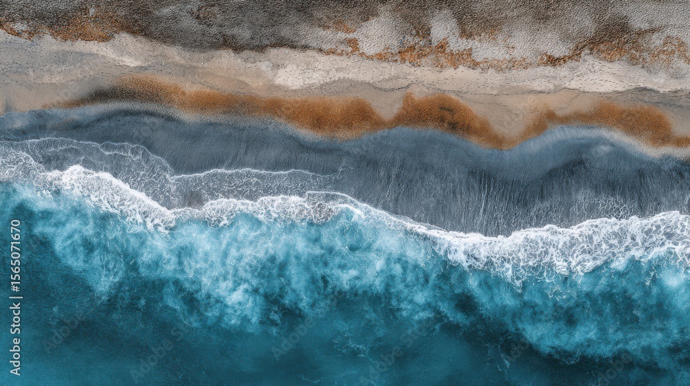 Poster drone view of coastal tide lines creating organic brushstroke patterns. desaturated sand and sea foa