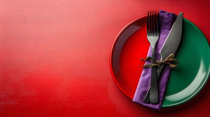 Elegant Red Green Dinner Place Setting with Black Cutlery