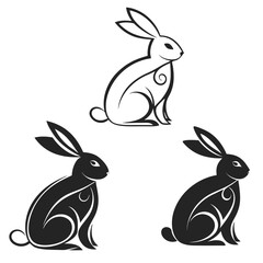 Fototapeta premium Three stylized rabbits black and white line art bunny